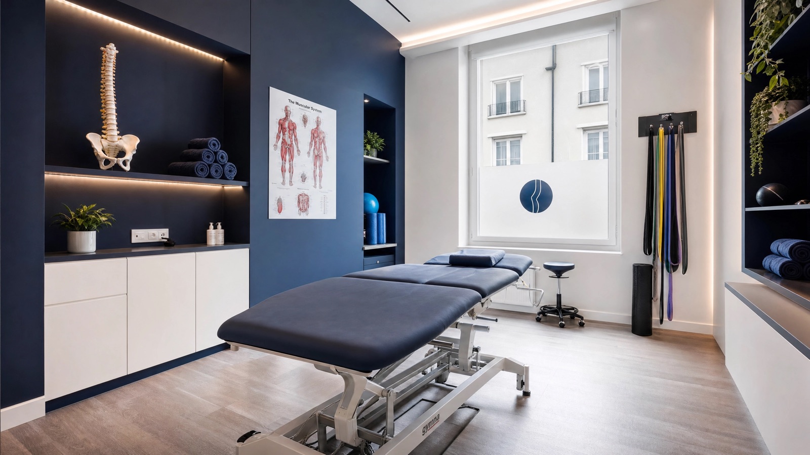 The Asclepius treatment room with adjustable therapy table, anatomy charts and resistance bands