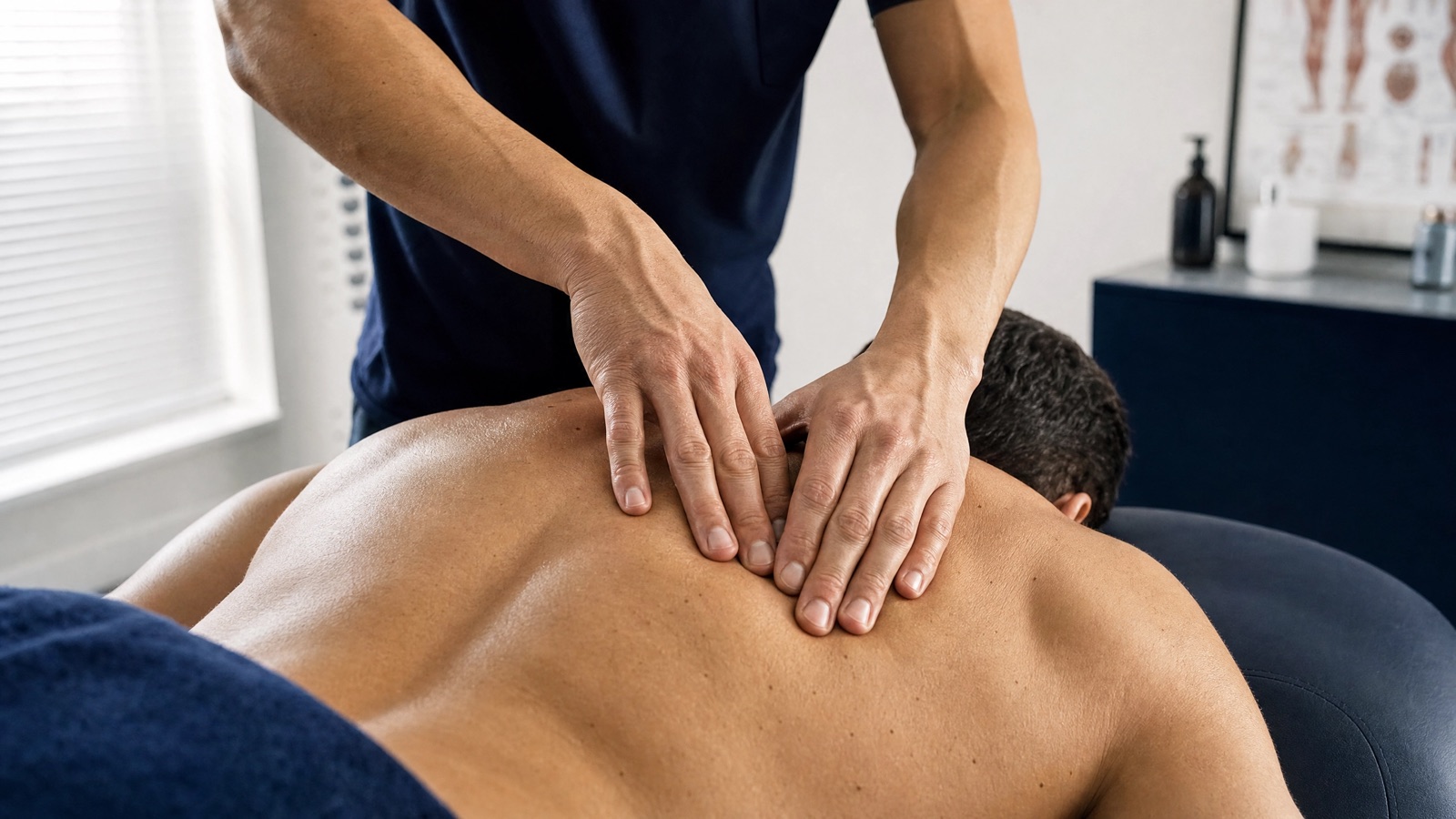 Physiotherapist at Asclepius applying hands-on manual therapy to a patient's back in the treatment room