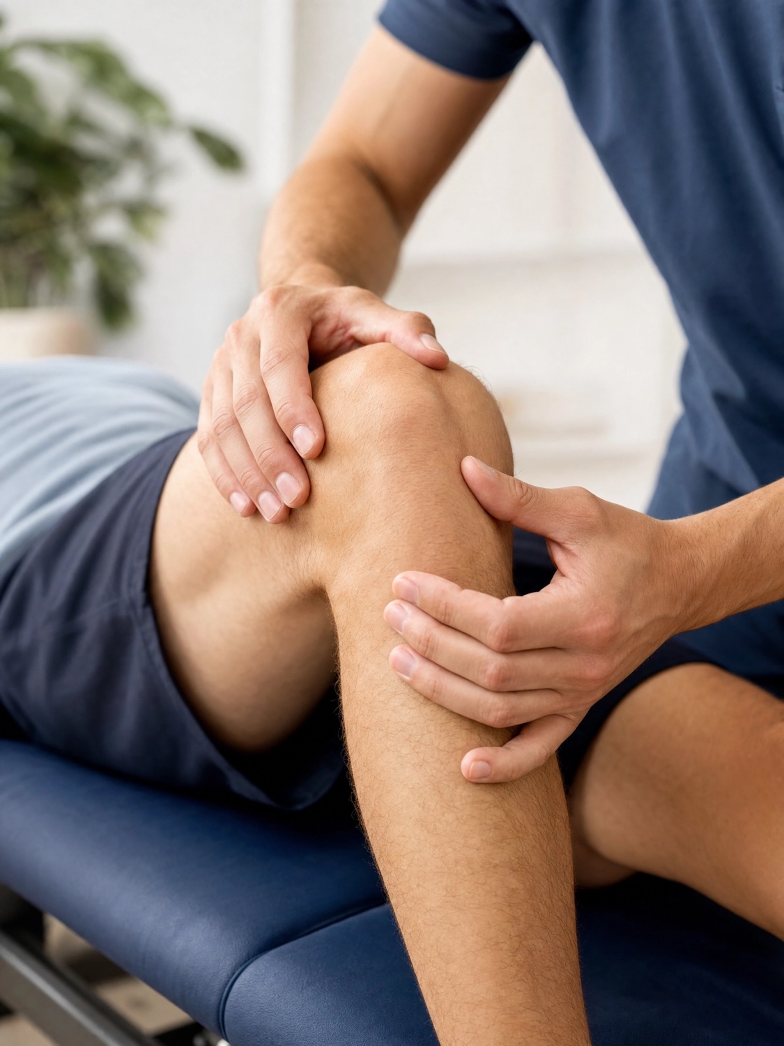 Physiotherapist assessing and treating a patient's knee during a session