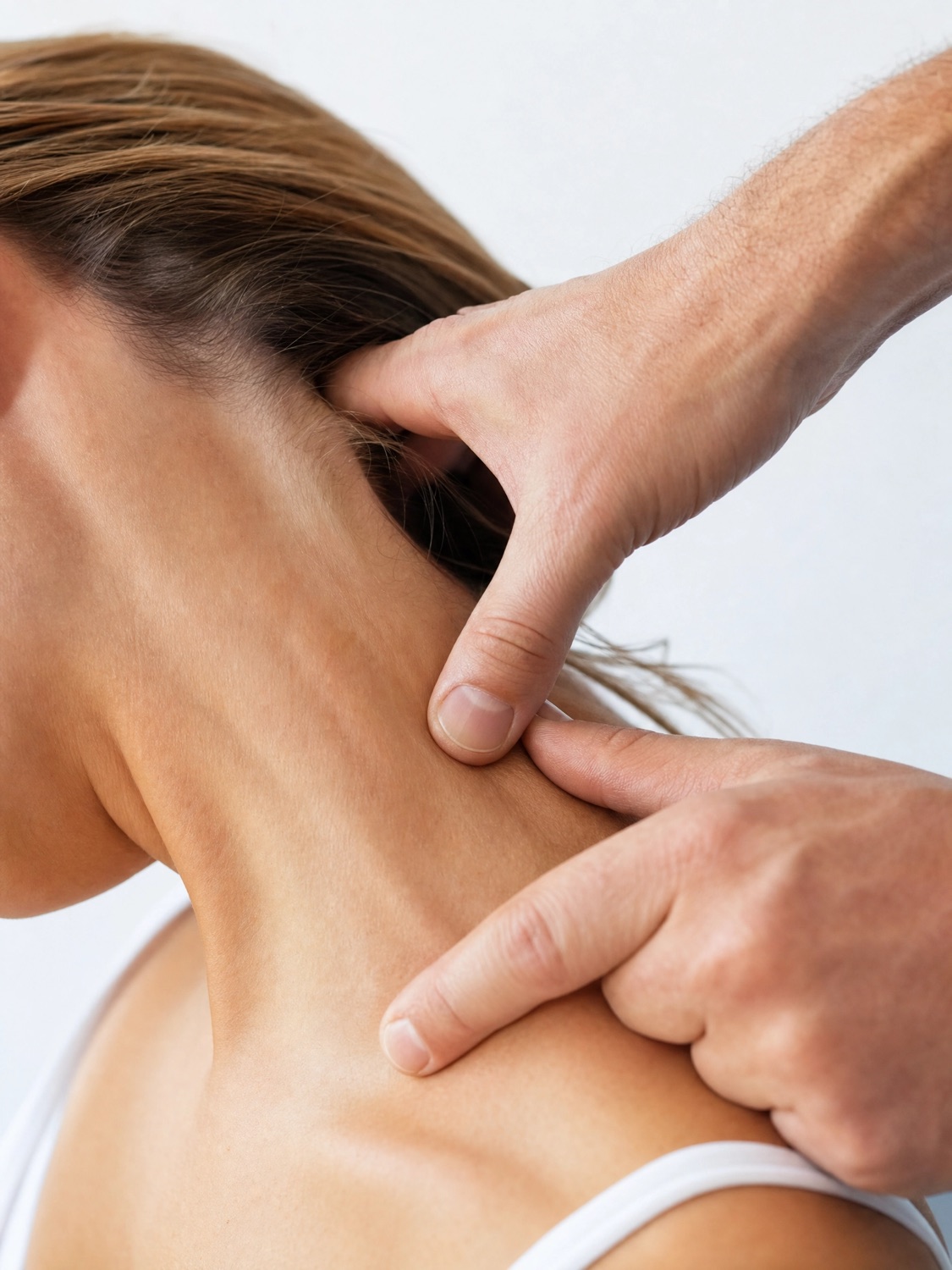 Close-up of manual therapy being applied to a patient's neck and shoulder
